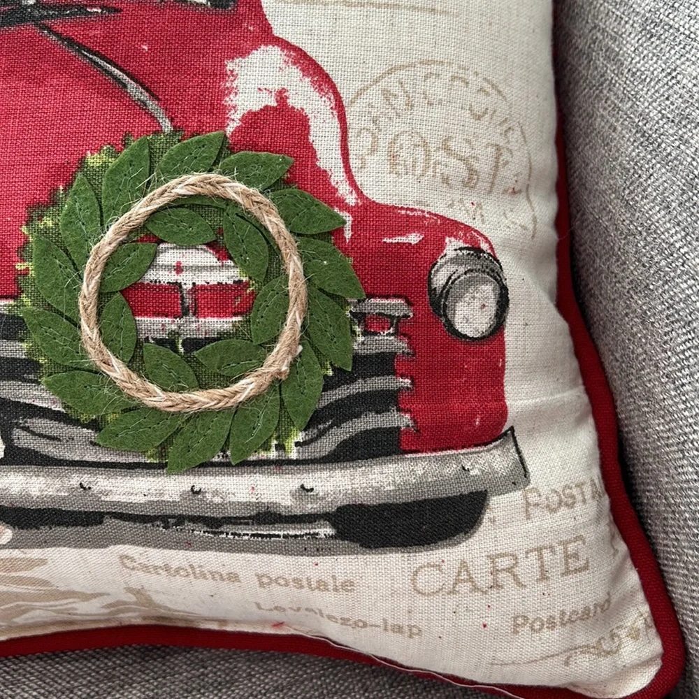 Vintage Inspired Christmas Holiday Pillow with vintage red truck & jingle bells